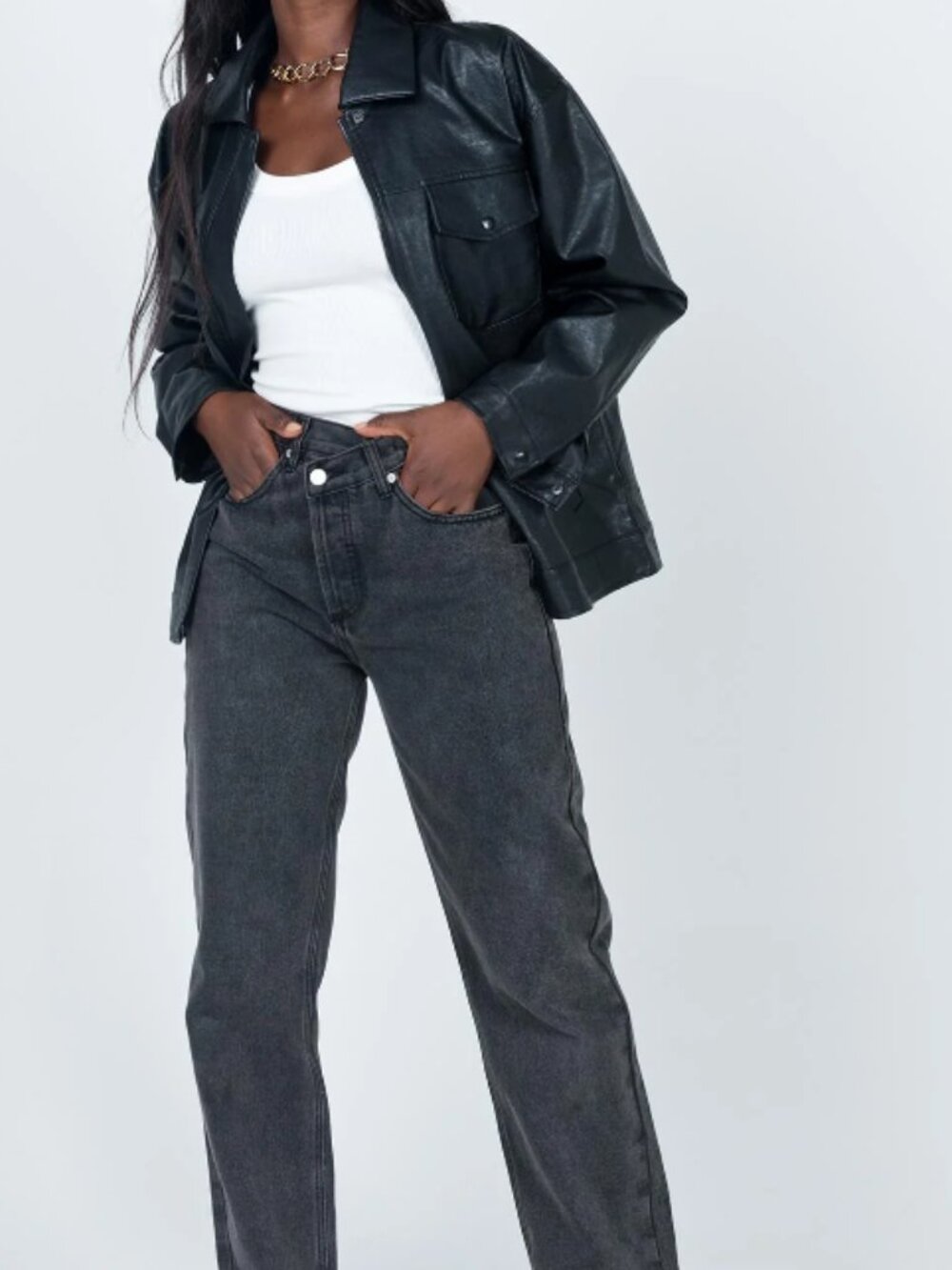 Faux Leather Jacket | Black Oversized Moto Style - Picture 3 of 6